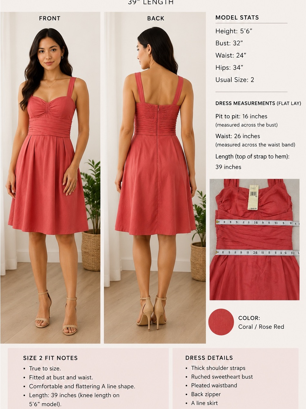 Dkny Coral Rose-Red A-Line Midi Dress with Sweetheart Neckline